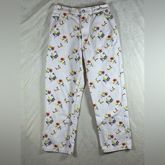 Obey Women’s Size 27 White Carpenter Cotton Pants with 8-Bit Floral Print Bug - Picture 2 of 13